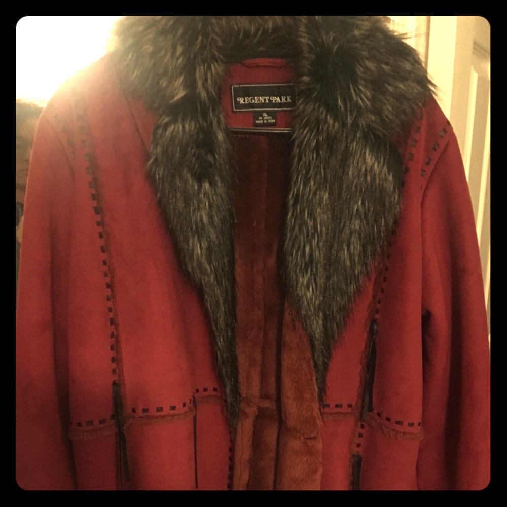 Red faux fur coat.